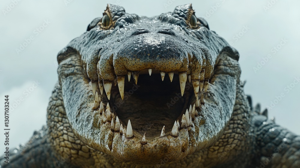 Obraz premium Grit-covered grin of a crocodile, revealing gleaming teeth amid earthy grime; an intense, primal allure in every textured detail