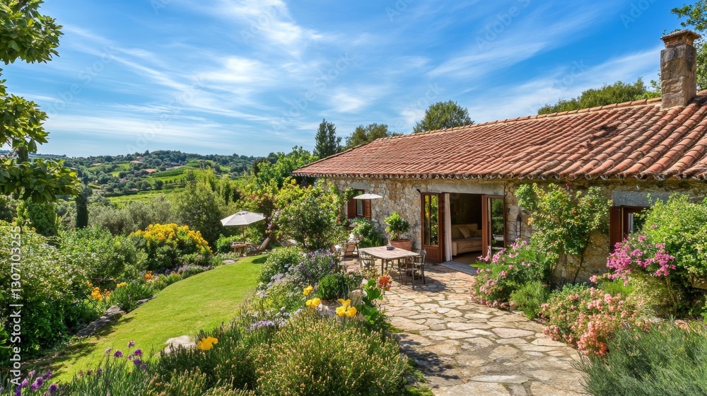 Cozy countryside villa with red roof and lush garden in summer
Cozy countryside villa with red roof and lush garden in summer