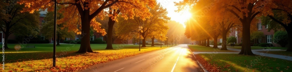 Golden autumn light bathes serene college campus Road winds past vibrant trees , education, sky Golden autumn light bathes serene college campus Road winds past vibrant trees , education, sky