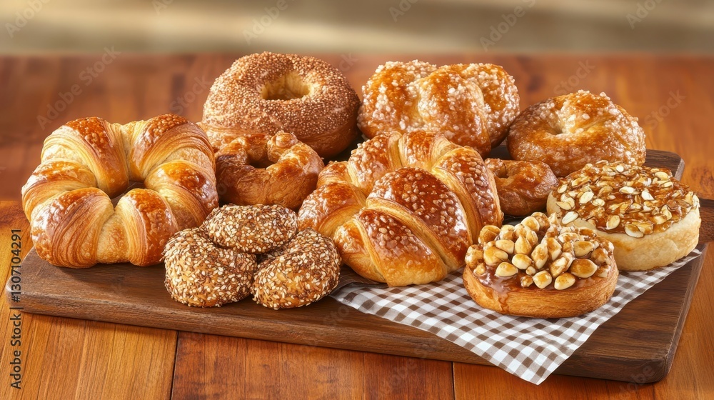 Assortment of Pastries: An enticing array of freshly baked pastries and baked goods presented on a wooden surface, each glistening with golden perfection. Assortment of Pastries: An enticing array of freshly baked pastries and baked goods presented on a wooden surface, each glistening with golden perfection.