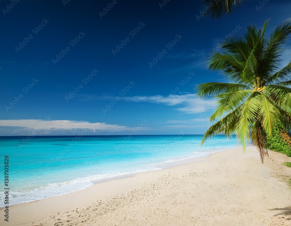 Obraz premium a beach with palm trees and a blue ocean