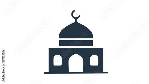 Simple black and white mosque icon with a focus on the dome and prayer hall-04