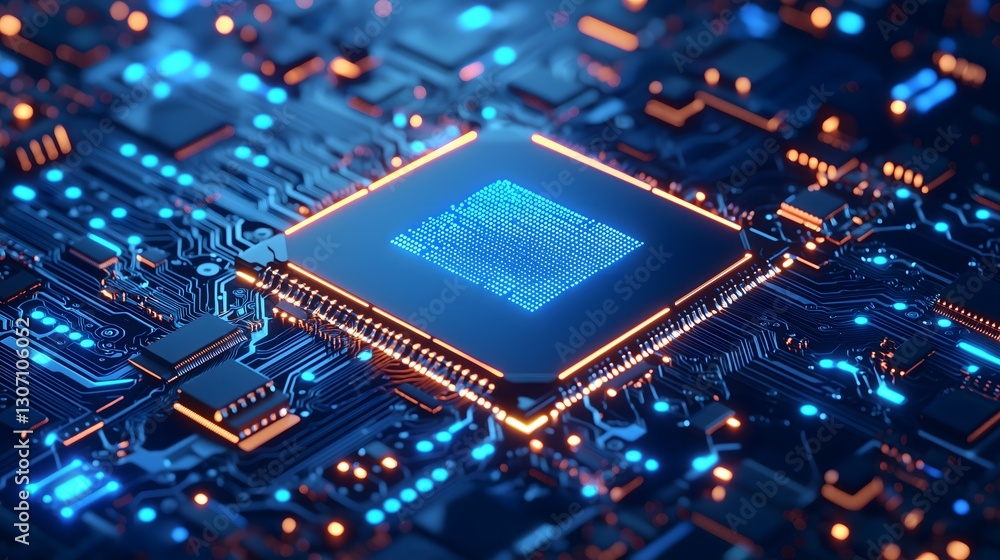 Fototapeta premium Detailed close-up of a futuristic glowing circuit board with a central processor unit