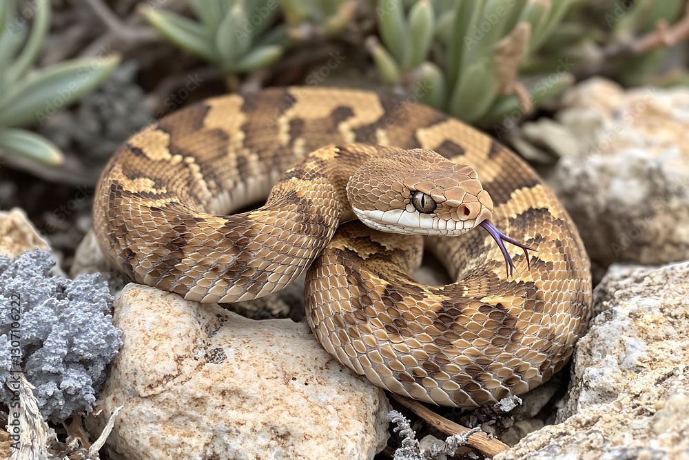 Rattlesnake curls on rocks in arid habitat Rattlesnake curls on rocks in arid habitat