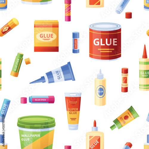 Cartoon glue seamless pattern. Glue in pencil, box and plastic containers. Elements for office and home renovation. Stylish print vector design