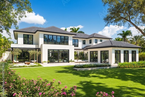 Modern white villa with dark roof, large windows, and lush summer garden
