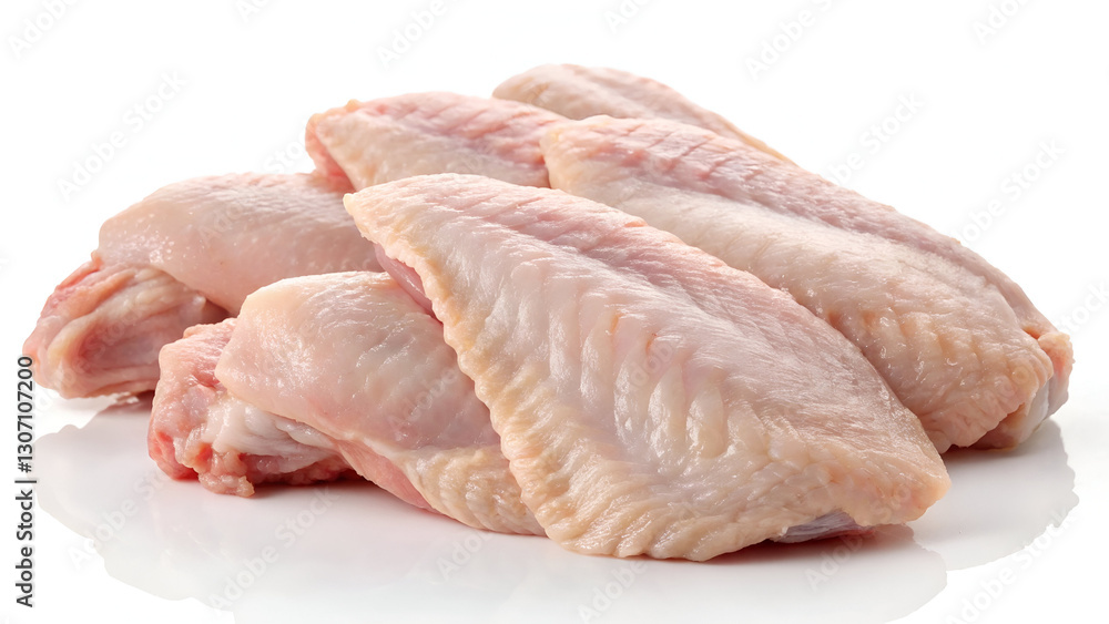 Raw chicken wings, isolated on a white background, showcasing their fresh texture and natural pinkish hue. Raw chicken wings, isolated on a white background, showcasing their fresh texture and natural pinkish hue.