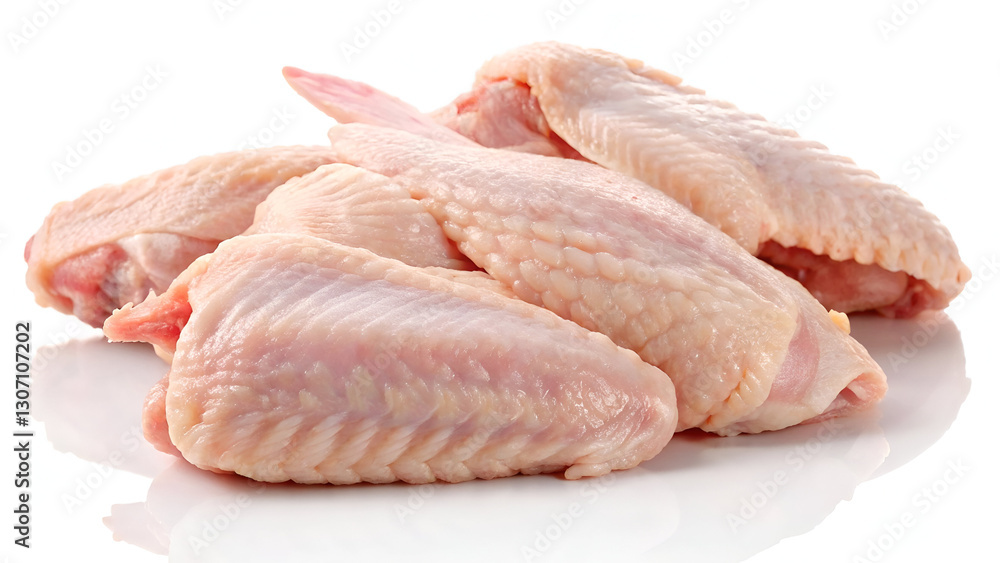 Raw chicken wings, isolated on a white background, showcasing their fresh texture and natural pinkish hue. Raw chicken wings, isolated on a white background, showcasing their fresh texture and natural pinkish hue.