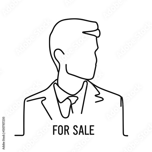 Real estate agent icon with a serious look and For Sale caption, minimalistic continuous line art 