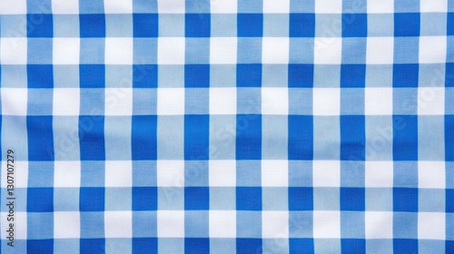 A blue and white checkered fabric with alternating squares, creating a classic gingham pattern.