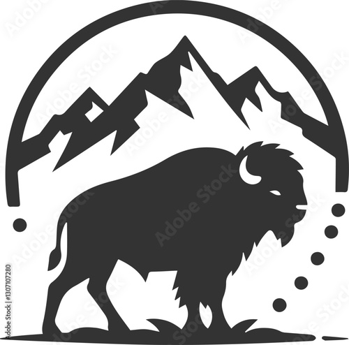 Buffalo standing in front of a mountain range animal vector silhouette