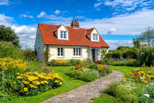 Charming countryside house with red-tiled roof, large windows, and blooming garden
