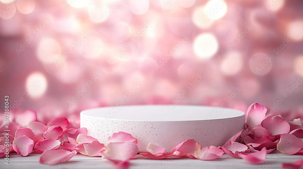 A minimalist white podium surrounded by light pink rose petals, ideal for spring product launches, weddings, or beauty branding with romantic, soft lighting. A minimalist white podium surrounded by light pink rose petals, ideal for spring product launches, weddings, or beauty branding with romantic, soft lighting.