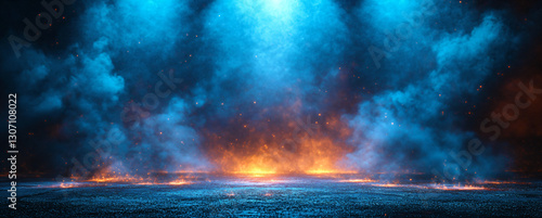 Dynamic blue light beams cutting through mist on dark asphalt floor, abstract nightclub scene for DJ event visuals or luxury brand launch backgrounds. Ultra-modern minimalism with glowing neon accents