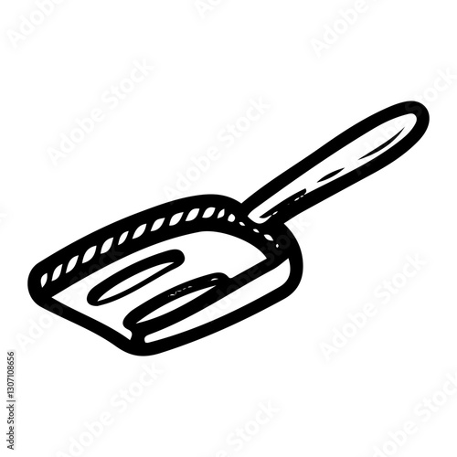 Scoop for cleaning animal excrement from toilet. Hand drawn doodle. Accessory for small dog or cat. Plastic item. Pet care. Vector line art illustration.