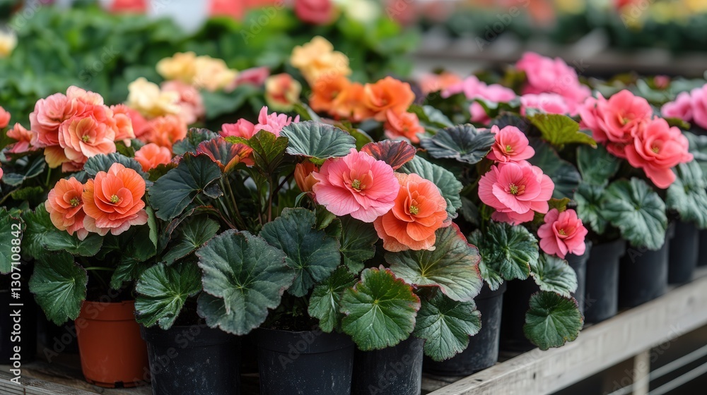 A greenhouse filled with rows of vibrant, blooming evergreen begonias in flower pots, showcasing a rich display of colors A greenhouse filled with rows of vibrant, blooming evergreen begonias in flower pots, showcasing a rich display of colors