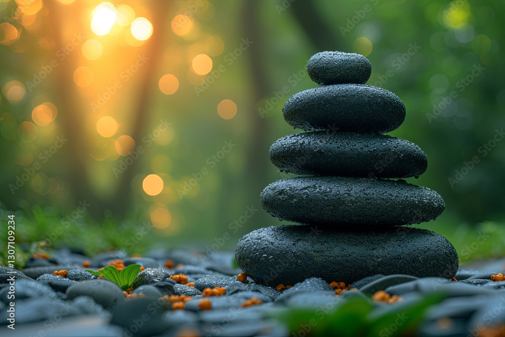 Zen Stone Stack with Dew and Bokeh in Green Forest