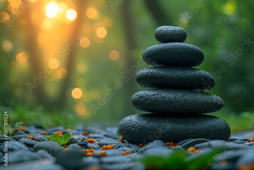 Obraz na płótnie Zen Stone Stack with Dew and Bokeh in Green Forest w salonie