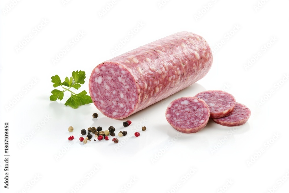 High quality frankfurter sausage on white background with herbs and spices for culinary use High quality frankfurter sausage on white background with herbs and spices for culinary use
