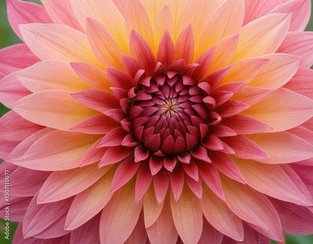 Obraz premium A large, vibrant pink and yellow dahlia flower with a central yellow center is the focal point of the image, surrounded by smaller pink and yellow petals, set against a blurred green background