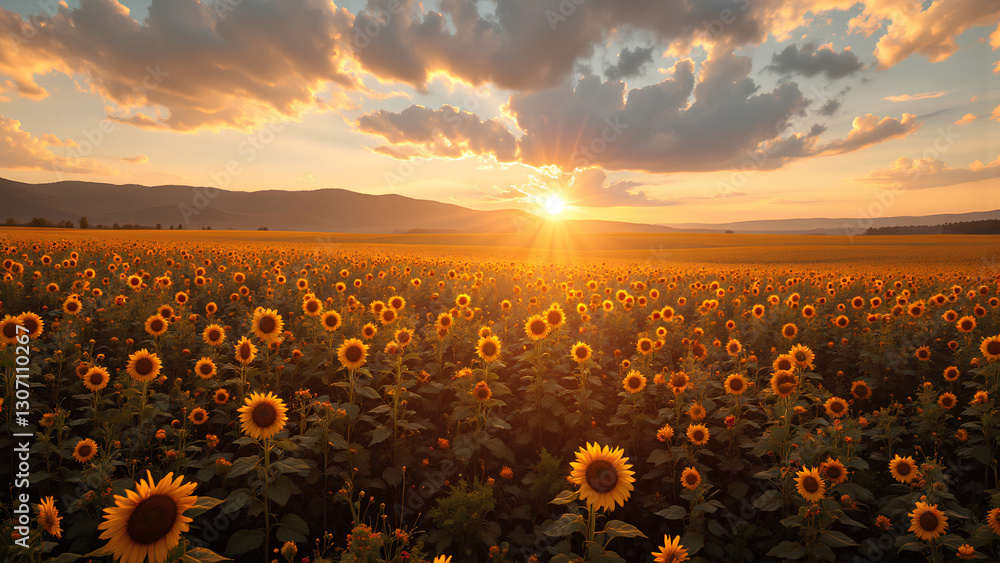 Obraz premium A vibrant field of sunflowers stretches under a sunset sky, creating a stunning blend of yellow blooms and warm, golden light.