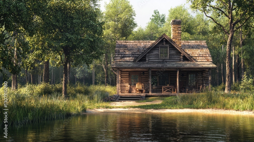 Obraz premium Serene Log Cabin Surrounded by Lush Greenery and Reflective Water in a Quiet Forest Setting