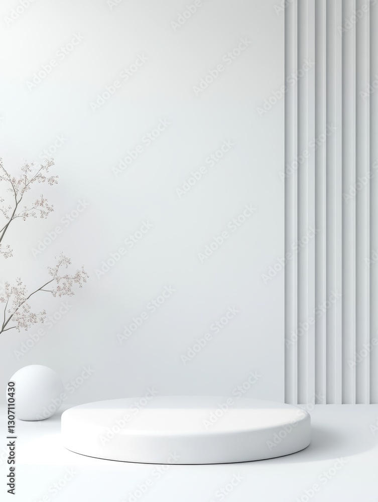 Minimalist platform with floral branch against a pristine white backdrop for product display Minimalist platform with floral branch against a pristine white backdrop for product display
