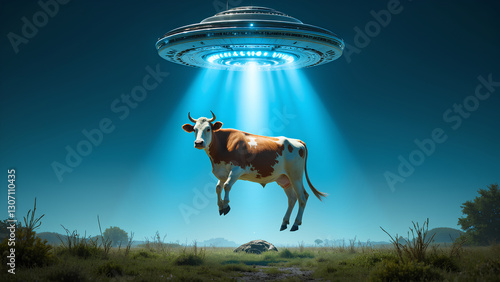 A cow is being abducted by a UFO, illuminated by a beam of light in a surreal, night-time landscape.