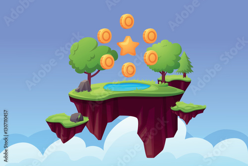 Game location with flying stone island, green valley, tree. Arcade golden coins and star, present in play. Cartoon nature elements design, vector background