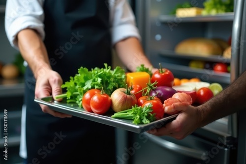 Chef's hands retrieve tray of fresh ingredients from stainless steel refrigerator , restaurant kitchen, herbs, food styling