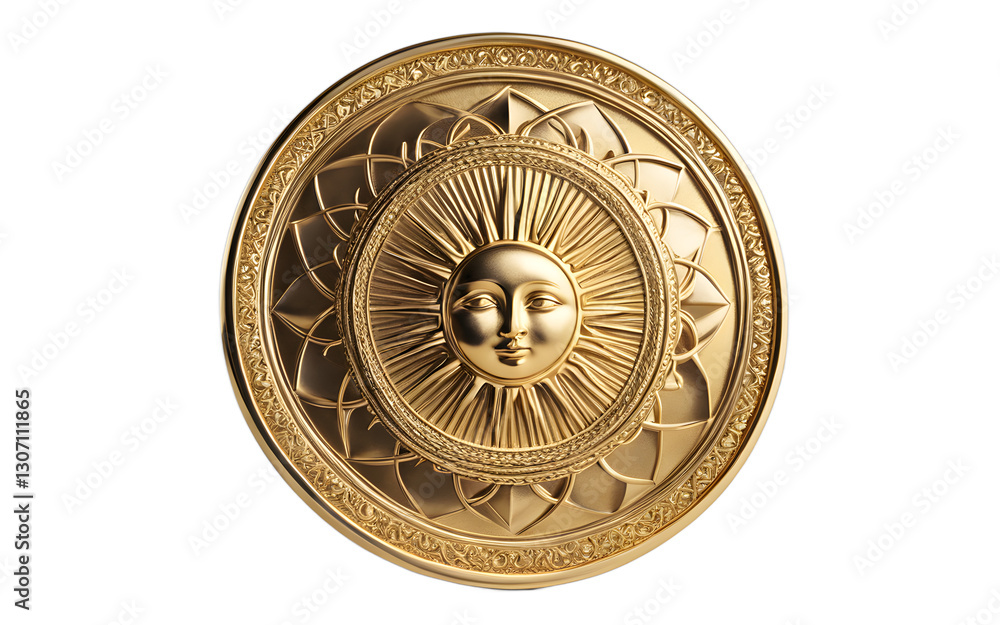 A golden sun medallion representing vitality and enlightenment, isolated on a empty plain background A golden sun medallion representing vitality and enlightenment, isolated on a empty plain background