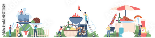 BBQ scenes. Tiny people doing barbeque, grilled meat and vegetables. Picnic time, friends and family eating together. Homemade food recent vector concept