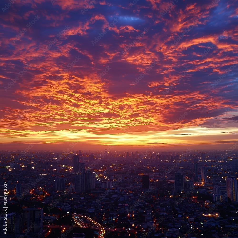 the sunset sky over Bangkok, with the horizon glowing in vibrant shades of gold and crimson the sunset sky over Bangkok, with the horizon glowing in vibrant shades of gold and crimson