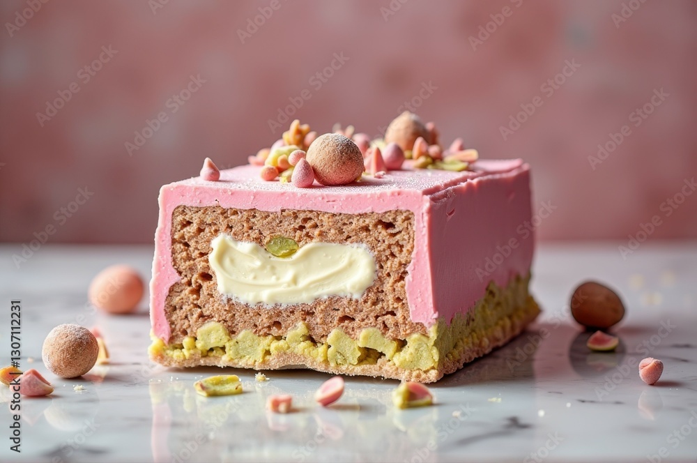 Delicious layered pink cake with chocolate and nuts on marble surface