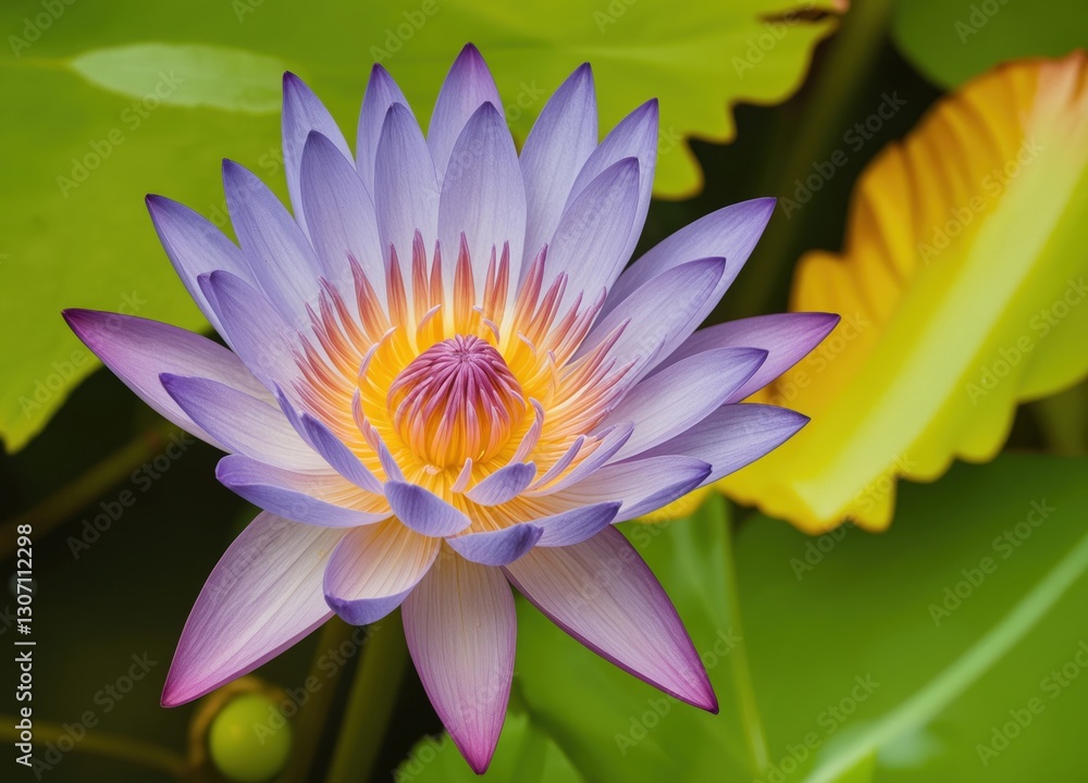 A vibrant purple lotus flower with yellow and orange centers is the focal point in a serene pond scene, surrounded by green leaves and a yellow bud, captured from a slightly elevated angle A vibrant purple lotus flower with yellow and orange centers is the focal point in a serene pond scene, surrounded by green leaves and a yellow bud, captured from a slightly elevated angle