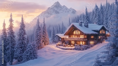 A cozy mountain lodge at dusk, warm light glowing from the windows, surrounded by snow-covered trees, peaceful and inviting, ultra-detailed, 4K.