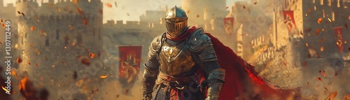 Brave Knight in Shining Armor Standing Before Castle Walls