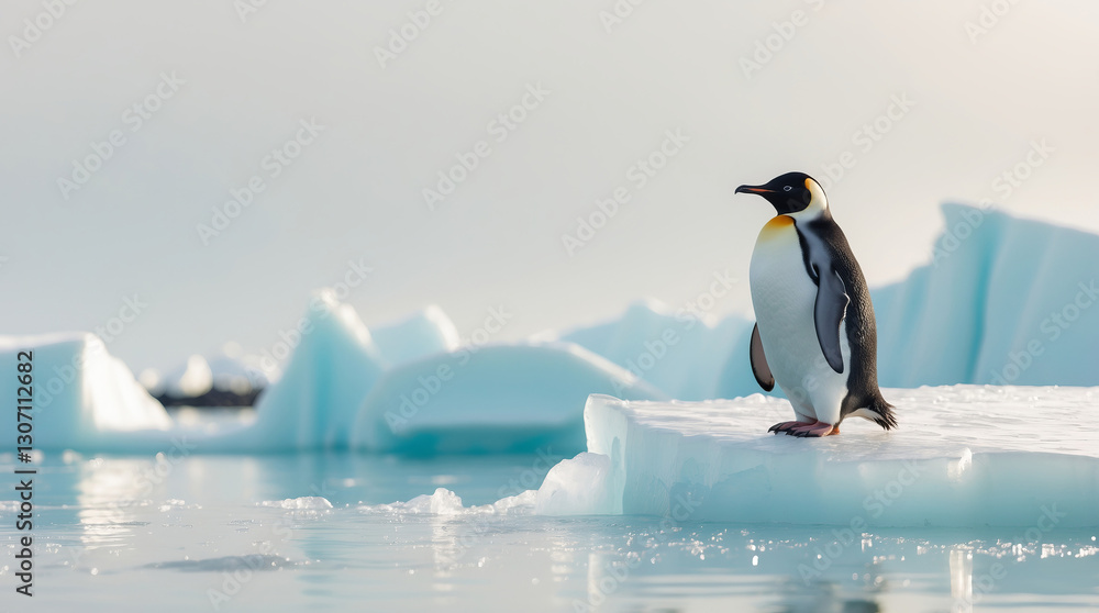 Obraz premium Emperor penguin standing on an ice floe near open water in Antarctica's serene environment