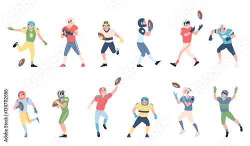 American football. Rugby players in sport uniform. Isolated flat athletes play with hand ball, sportlers in different poses. Competition characters recent vector set