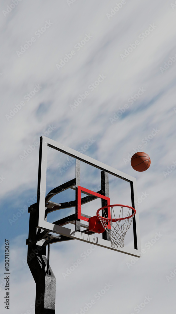 Naklejka premium Basketball in Motion Towards Hoop Against a Cloudy Sky, 3D rendered illustration
