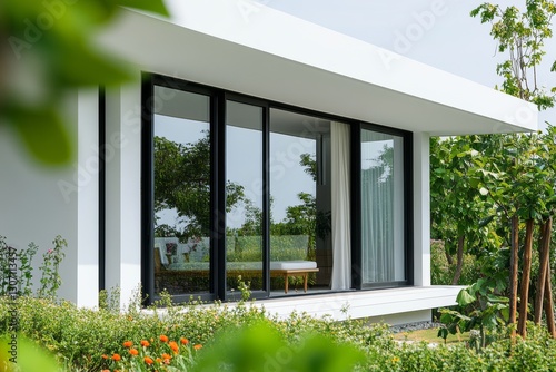Close-up view of modern minimalist villa with terrace and summer plants
