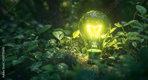 Glowing lightbulb in lush green foliage symbolizes eco-friendly energy