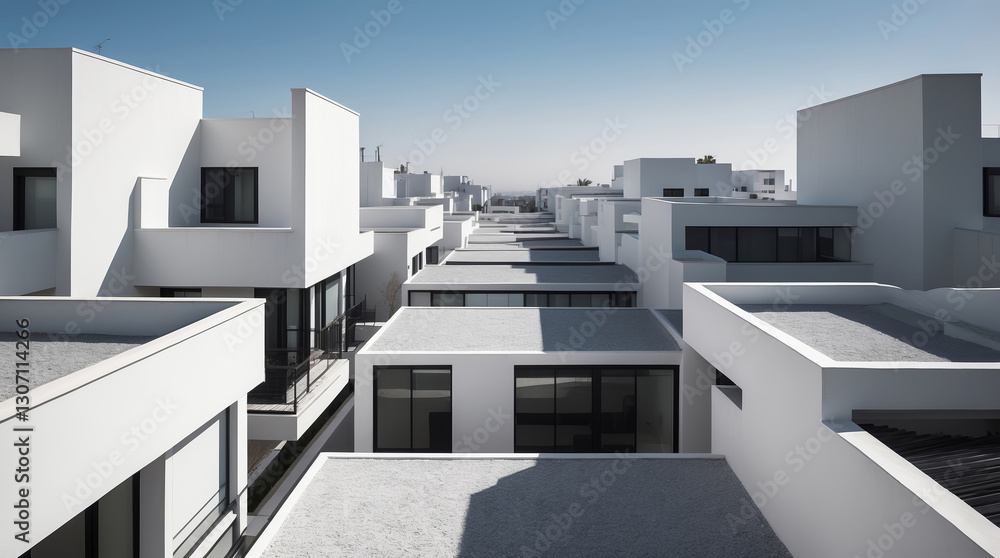 Modern minimalist architecture showcases symmetry and clean lines in an urban residential area