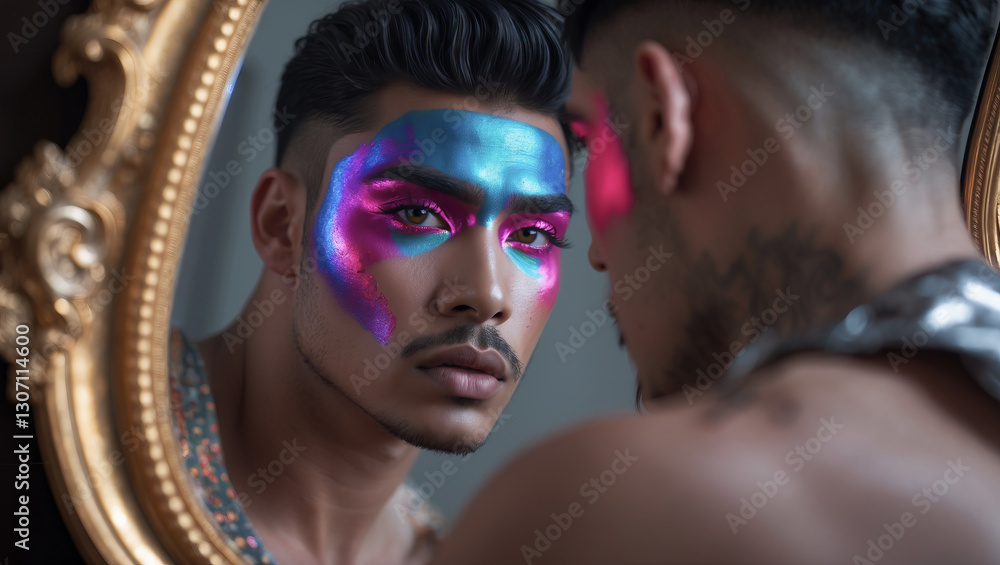 Obraz premium Stunning makeup artistry showcased by a model gazing into an ornate mirror with vibrant colors and striking features