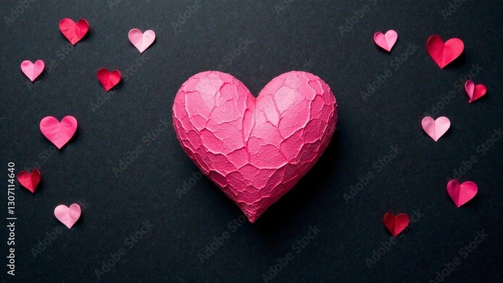 Obraz premium A textured pink heart surrounded by smaller hearts on a dark background, symbolizing love and affection