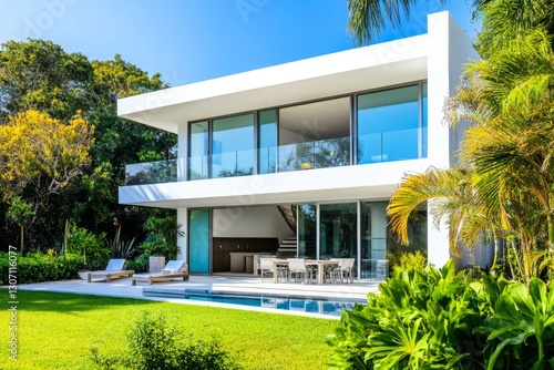 Close-up view of luxury villa with floor-to-ceiling windows and private garden
