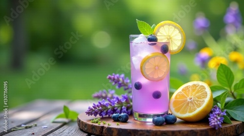 Refreshing Summer Beverage with Lemon and Berries on Wooden Surface