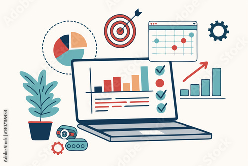 Project management, planning for software development, resources and budget planning, project schedule diagram, gantt chart for work deadline concept, computer laptop with project management software.