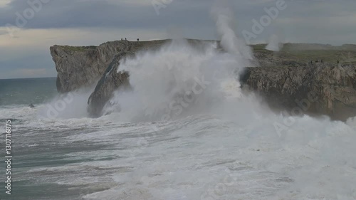 Powerful Storm Wild Waves on the Cantabrian Sea, Asturias Coast, Spain