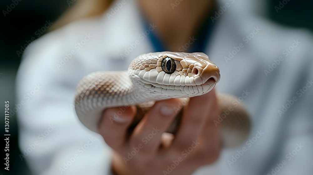 Fototapeta premium Close-up of a person in a lab coat gently holding a snake, showcasing a scientific study in a lab